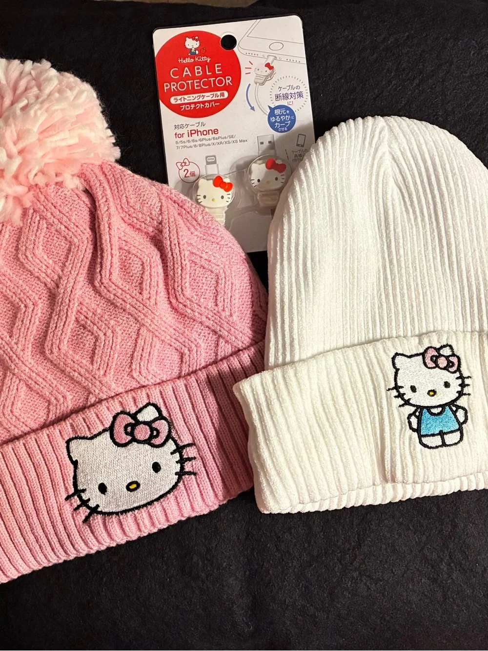 Hello Kitty Kids Pom Beanie and Fold-Over Beanie - Pink & White